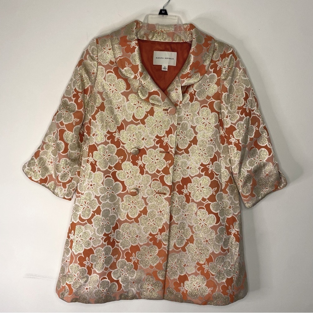 Vintage Banana Republic Long Silk Orange Floral Blazer Spring Jacket Size Small